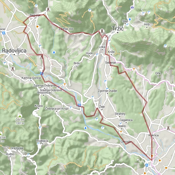 Miniatura della mappa di ispirazione al ciclismo "Giro Epico Gravel da Kranj a Vršič" nella regione di Zahodna Slovenija, Slovenia. Generata da Tarmacs.app, pianificatore di rotte ciclistiche