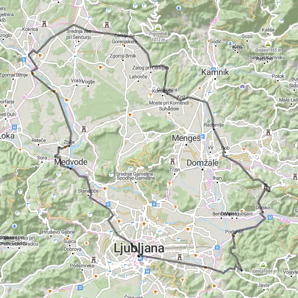 Map miniature of "Journey through historical landmarks near Kranj" cycling inspiration in Zahodna Slovenija, Slovenia. Generated by Tarmacs.app cycling route planner