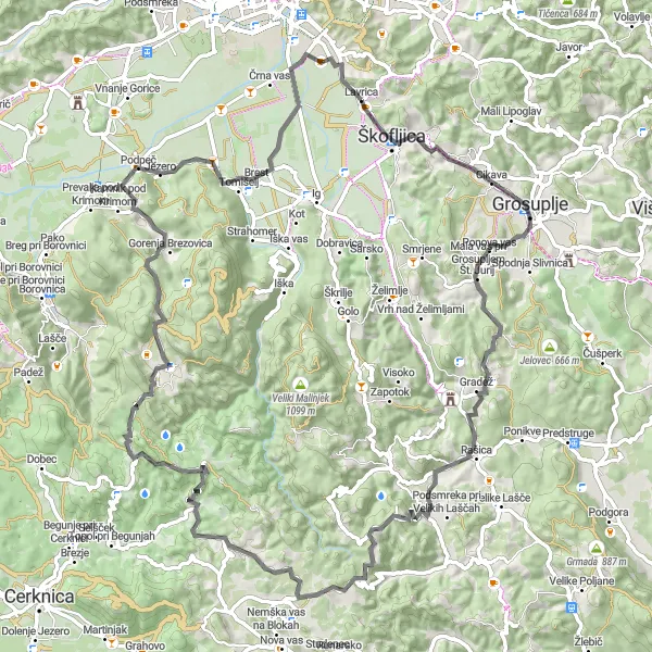 Map miniature of "Grosuplje Circuit" cycling inspiration in Zahodna Slovenija, Slovenia. Generated by Tarmacs.app cycling route planner