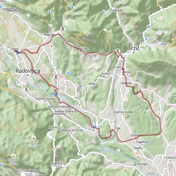 Map miniature of "Gravel cycling route from Lesce" cycling inspiration in Zahodna Slovenija, Slovenia. Generated by Tarmacs.app cycling route planner