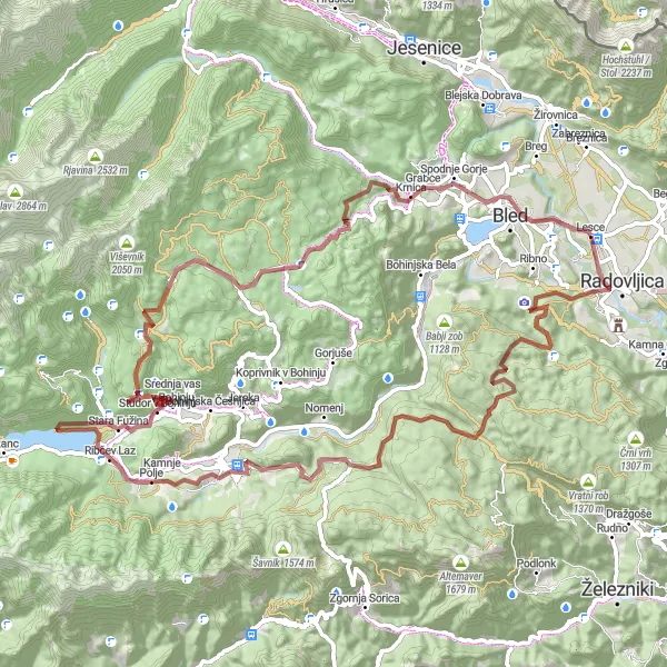 Miniatura della mappa di ispirazione al ciclismo "Circuito in bicicletta tra Lesce e Bled" nella regione di Zahodna Slovenija, Slovenia. Generata da Tarmacs.app, pianificatore di rotte ciclistiche