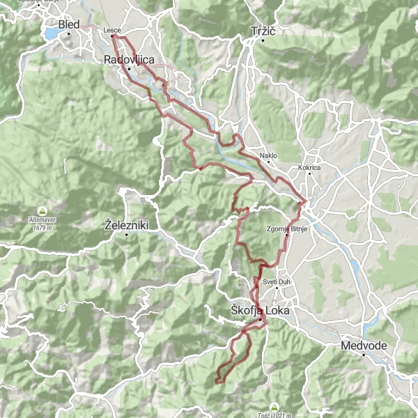 Miniaturní mapa "Extrémní Gravel Trail: Lesce - Javornik" inspirace pro cyklisty v oblasti Zahodna Slovenija, Slovenia. Vytvořeno pomocí plánovače tras Tarmacs.app