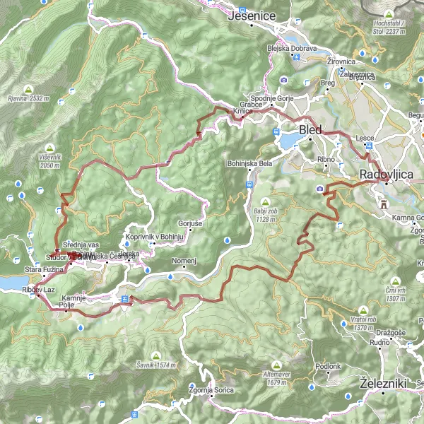 Miniaturní mapa "Trasa Lesce - Zgornje Gorje - Lesce (šotolinová)" inspirace pro cyklisty v oblasti Zahodna Slovenija, Slovenia. Vytvořeno pomocí plánovače tras Tarmacs.app