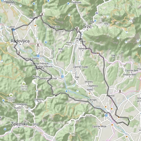 Map miniature of "Road cycling route from Lesce" cycling inspiration in Zahodna Slovenija, Slovenia. Generated by Tarmacs.app cycling route planner