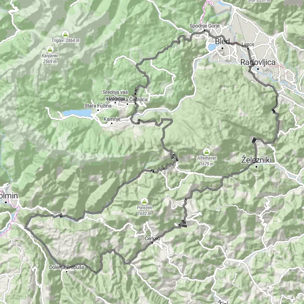 Map miniature of "Road Cycling Tour: Lesce to Zgornje Gorje" cycling inspiration in Zahodna Slovenija, Slovenia. Generated by Tarmacs.app cycling route planner