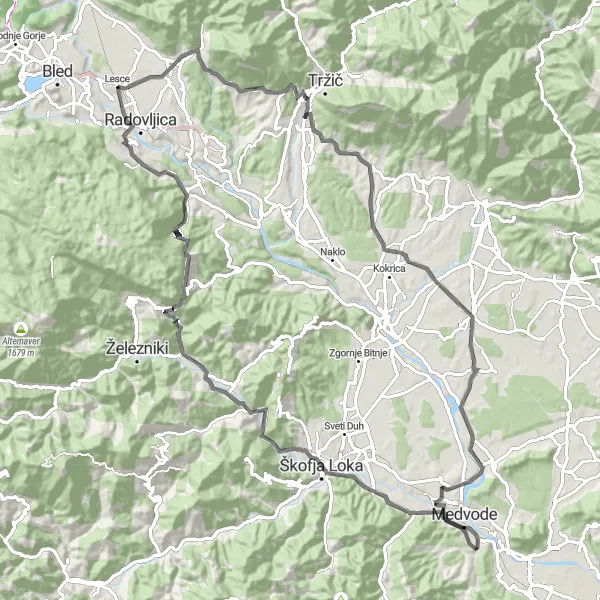 Map miniature of "The Lesce Grand Loop" cycling inspiration in Zahodna Slovenija, Slovenia. Generated by Tarmacs.app cycling route planner