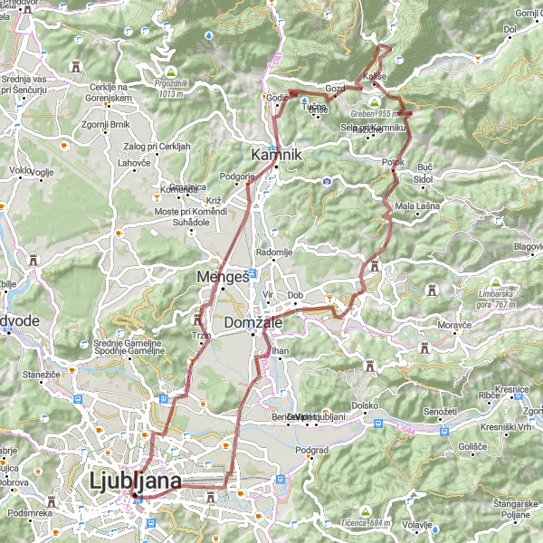 Miniatura della mappa di ispirazione al ciclismo "Gravel route da Ljubljana a Čeplje" nella regione di Zahodna Slovenija, Slovenia. Generata da Tarmacs.app, pianificatore di rotte ciclistiche