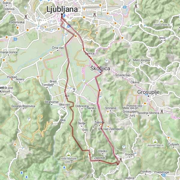 Miniatura della mappa di ispirazione al ciclismo "Gravel tra Ljubljana e Trnovo" nella regione di Zahodna Slovenija, Slovenia. Generata da Tarmacs.app, pianificatore di rotte ciclistiche