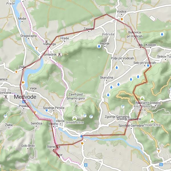 Miniatura della mappa di ispirazione al ciclismo "Giro in bicicletta di Medanski hrib e Rašica" nella regione di Zahodna Slovenija, Slovenia. Generata da Tarmacs.app, pianificatore di rotte ciclistiche