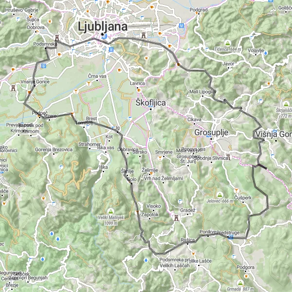 Map miniature of "Ljubljana - Gorica Loop" cycling inspiration in Zahodna Slovenija, Slovenia. Generated by Tarmacs.app cycling route planner