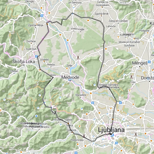 Miniatura della mappa di ispirazione al ciclismo "Giro in bicicletta da Ljubljana a Rog e ritorno" nella regione di Zahodna Slovenija, Slovenia. Generata da Tarmacs.app, pianificatore di rotte ciclistiche