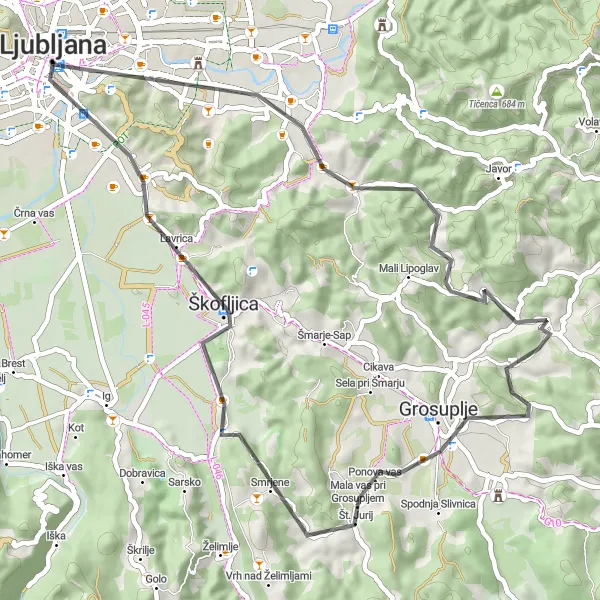 Miniatura della mappa di ispirazione al ciclismo "Dragon Bridge e oltre" nella regione di Zahodna Slovenija, Slovenia. Generata da Tarmacs.app, pianificatore di rotte ciclistiche