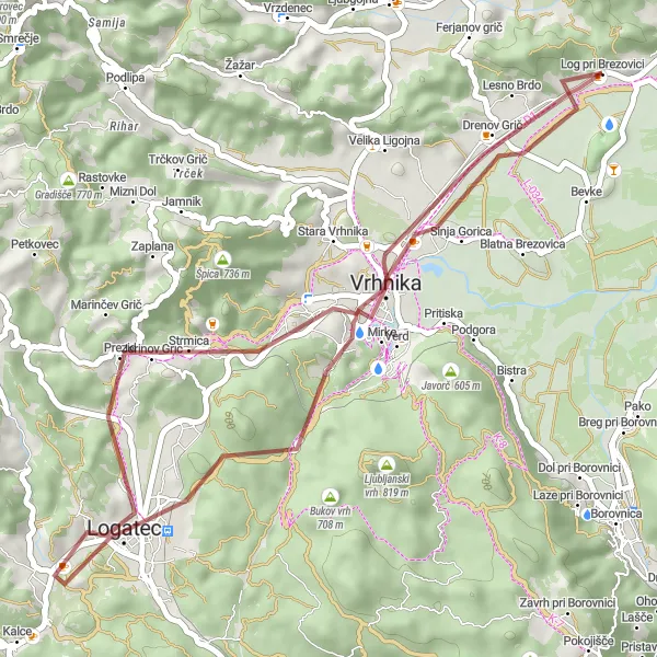 Miniaturní mapa "Scenic Gravel Loop from Log pri Brezovici" inspirace pro cyklisty v oblasti Zahodna Slovenija, Slovenia. Vytvořeno pomocí plánovače tras Tarmacs.app