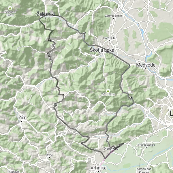 Map miniature of "Epic Round-Trip Cycling Route near Log pri Brezovici" cycling inspiration in Zahodna Slovenija, Slovenia. Generated by Tarmacs.app cycling route planner