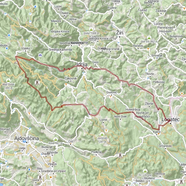 Miniatura della mappa di ispirazione al ciclismo "Avventura Gravel attraverso le colline di Logatec" nella regione di Zahodna Slovenija, Slovenia. Generata da Tarmacs.app, pianificatore di rotte ciclistiche