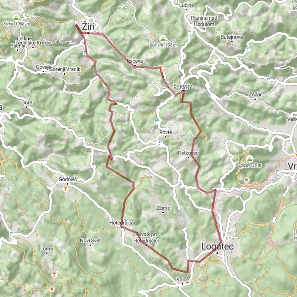 Miniatura della mappa di ispirazione al ciclismo "Giro in bicicletta attraverso le colline di Logatec" nella regione di Zahodna Slovenija, Slovenia. Generata da Tarmacs.app, pianificatore di rotte ciclistiche