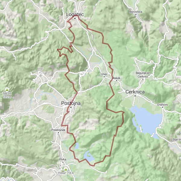 Map miniature of "Logatec - Kupa - Ivanje selo - Šujica - Boben - Trnje - Matenja vas - Tramič - Grčarevec - Sekirica Cycling Adventure" cycling inspiration in Zahodna Slovenija, Slovenia. Generated by Tarmacs.app cycling route planner