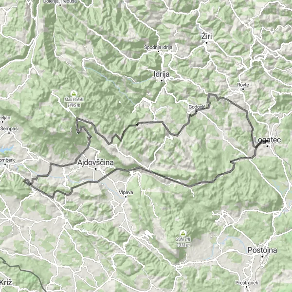 Miniatura della mappa di ispirazione al ciclismo "Tour ciclistico da Kalce a Godovič" nella regione di Zahodna Slovenija, Slovenia. Generata da Tarmacs.app, pianificatore di rotte ciclistiche