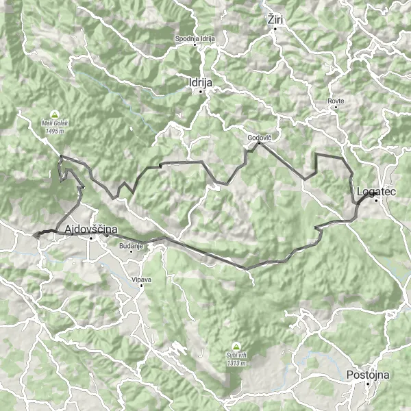Miniatura della mappa di ispirazione al ciclismo "Tour in bicicletta tra Kalce e Črni Vrh" nella regione di Zahodna Slovenija, Slovenia. Generata da Tarmacs.app, pianificatore di rotte ciclistiche