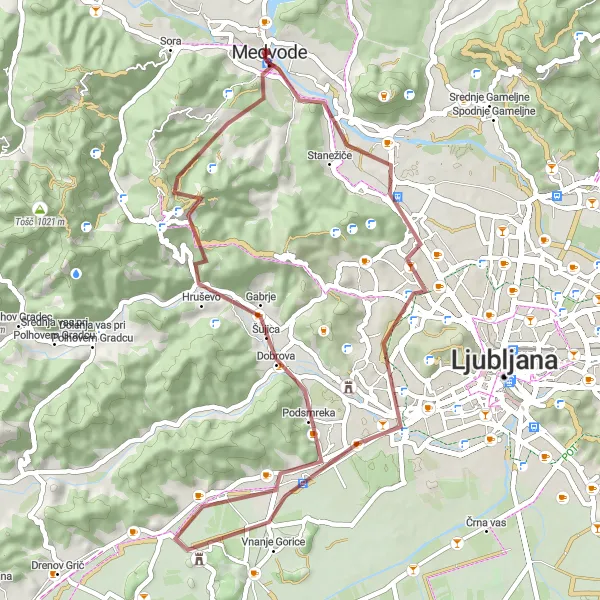 Miniatura della mappa di ispirazione al ciclismo "Giro in bicicletta Gravel verso Gulč e Dobrova" nella regione di Zahodna Slovenija, Slovenia. Generata da Tarmacs.app, pianificatore di rotte ciclistiche