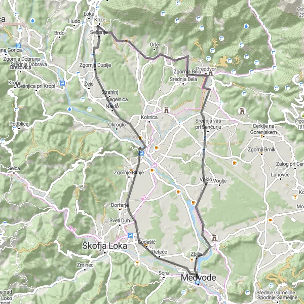 Miniatura della mappa di ispirazione al ciclismo "Avventurosa pedalata su strada attraverso Kranj e Šenčur" nella regione di Zahodna Slovenija, Slovenia. Generata da Tarmacs.app, pianificatore di rotte ciclistiche