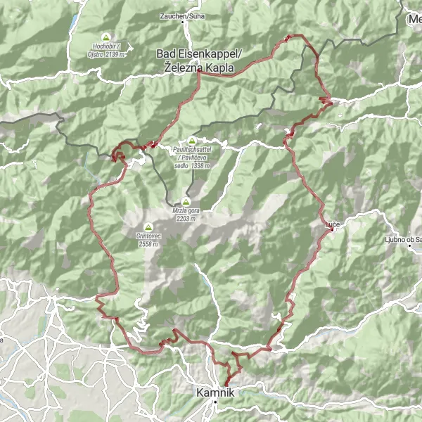 Miniaturní mapa "Gravel Trail plný výzev kolem Mekinje" inspirace pro cyklisty v oblasti Zahodna Slovenija, Slovenia. Vytvořeno pomocí plánovače tras Tarmacs.app