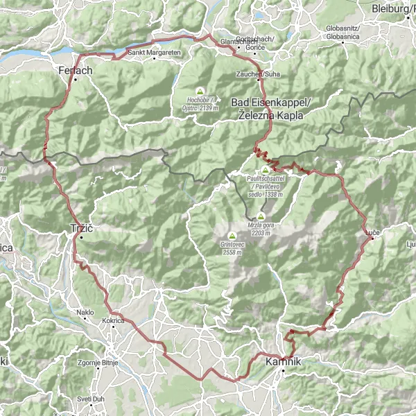 Miniatura della mappa di ispirazione al ciclismo "Avventura in bicicletta intorno a Mekinje" nella regione di Zahodna Slovenija, Slovenia. Generata da Tarmacs.app, pianificatore di rotte ciclistiche