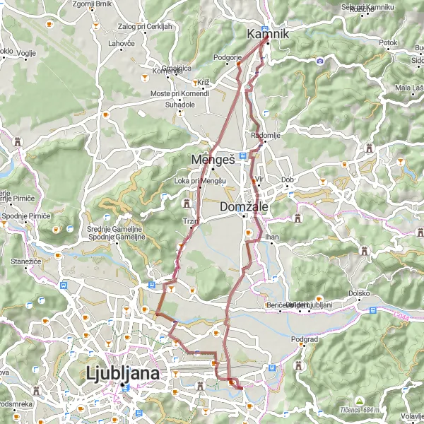 Map miniature of "The Gravel Escape" cycling inspiration in Zahodna Slovenija, Slovenia. Generated by Tarmacs.app cycling route planner