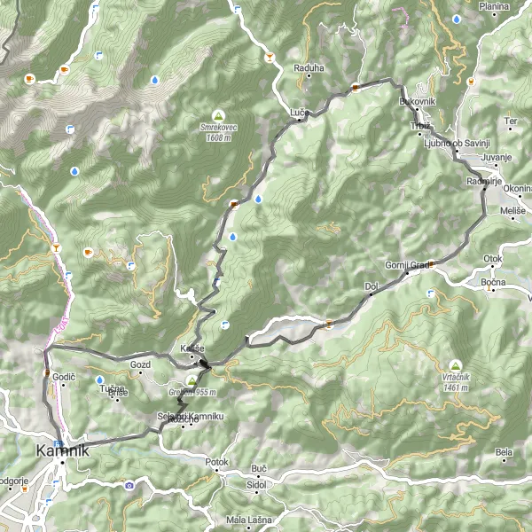 Miniatura della mappa di ispirazione al ciclismo "Ciclovia delle montagne di Kamnik" nella regione di Zahodna Slovenija, Slovenia. Generata da Tarmacs.app, pianificatore di rotte ciclistiche