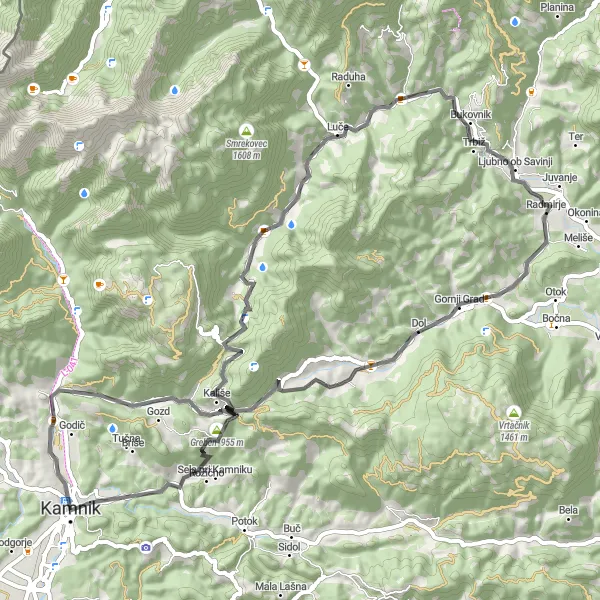 Zemljevid v pomanjšavi "Ljubeno ob Savinji in okolica" kolesarske inspiracije v Zahodna Slovenija, Slovenia. Generirano z načrtovalcem kolesarskih poti Tarmacs.app