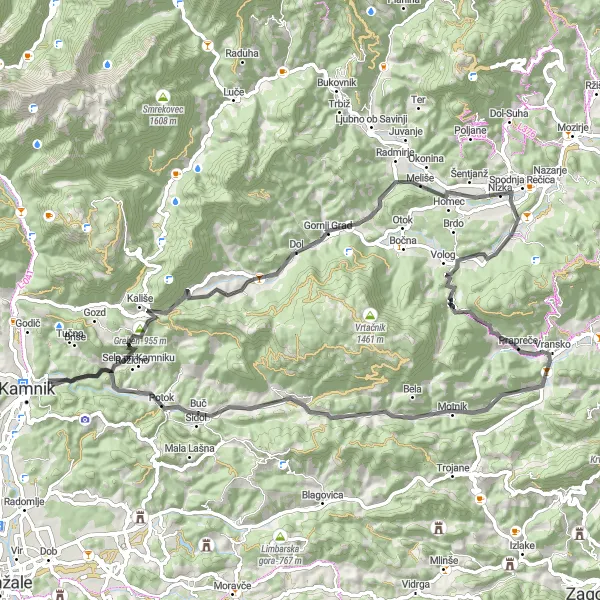 Miniaturní mapa "Road Trip plný dobrodružství kolem Mekinje" inspirace pro cyklisty v oblasti Zahodna Slovenija, Slovenia. Vytvořeno pomocí plánovače tras Tarmacs.app