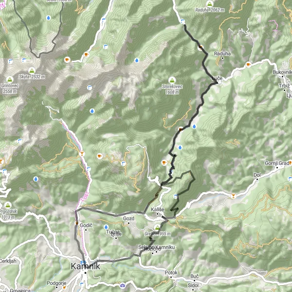 Miniatura della mappa di ispirazione al ciclismo "Road Route da Mekinje a Radomlje" nella regione di Zahodna Slovenija, Slovenia. Generata da Tarmacs.app, pianificatore di rotte ciclistiche