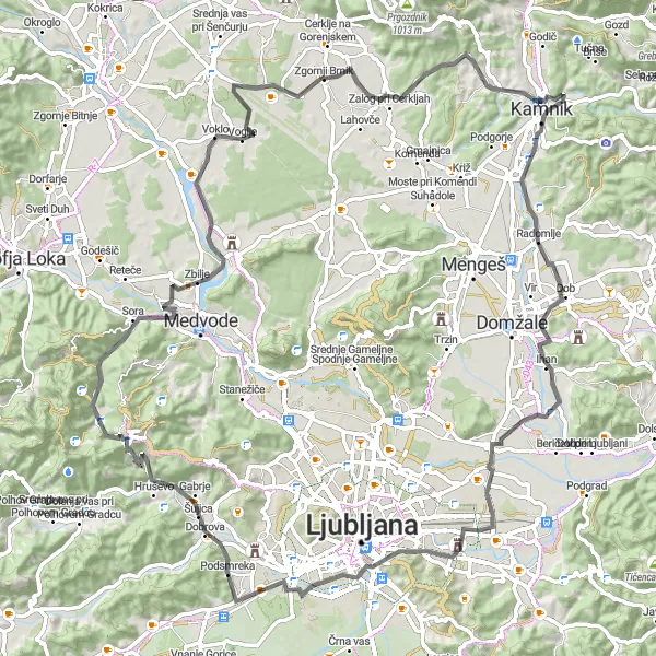 Miniaturní mapa "Road Trasa Kamnik - Vinski vrh" inspirace pro cyklisty v oblasti Zahodna Slovenija, Slovenia. Vytvořeno pomocí plánovače tras Tarmacs.app