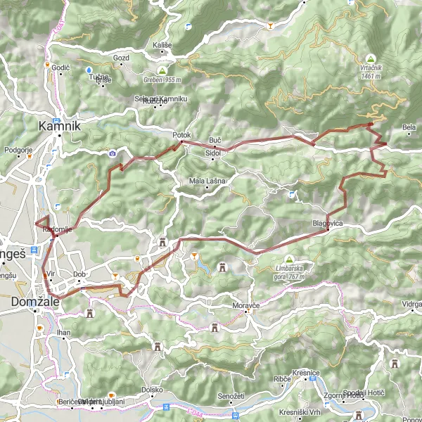 Map miniature of "Mengeš Gravel Adventure" cycling inspiration in Zahodna Slovenija, Slovenia. Generated by Tarmacs.app cycling route planner