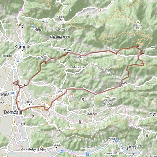 Zemljevid v pomanjšavi "Kolesarska pot skozi Mengeš in okolico" kolesarske inspiracije v Zahodna Slovenija, Slovenia. Generirano z načrtovalcem kolesarskih poti Tarmacs.app