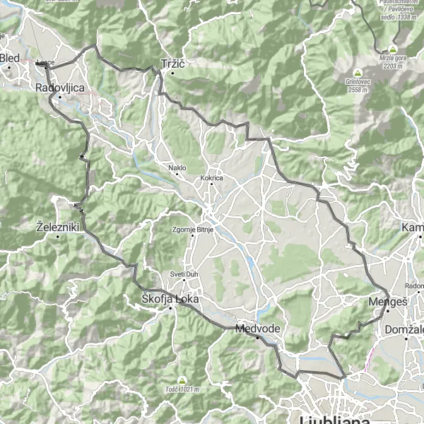 Miniaturní mapa "Cyklotrasa Radovljica" inspirace pro cyklisty v oblasti Zahodna Slovenija, Slovenia. Vytvořeno pomocí plánovače tras Tarmacs.app