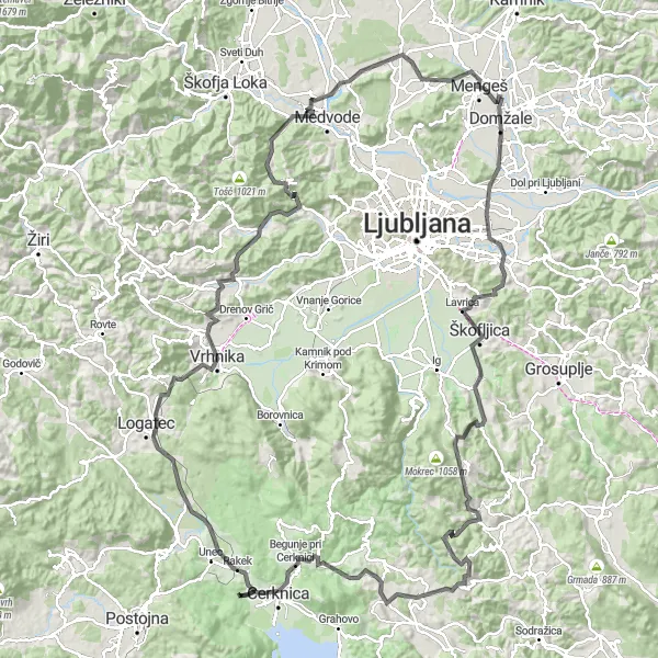 Miniatura della mappa di ispirazione al ciclismo "Tour in bici tra Domžale e Cerknica" nella regione di Zahodna Slovenija, Slovenia. Generata da Tarmacs.app, pianificatore di rotte ciclistiche