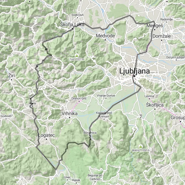 Karten-Miniaturansicht der Radinspiration "Panorama-Radtour von Mengeš nach Selo pri Vodicah" in Zahodna Slovenija, Slovenia. Erstellt vom Tarmacs.app-Routenplaner für Radtouren