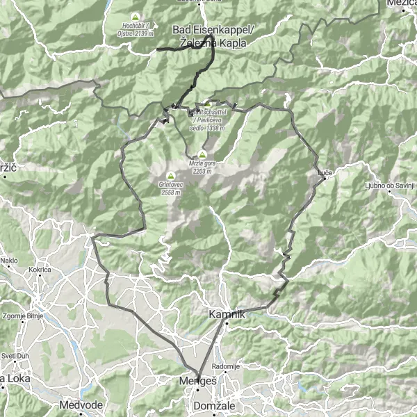 Miniaturní mapa "Okružní cyklistická trasa kolem Mengeše" inspirace pro cyklisty v oblasti Zahodna Slovenija, Slovenia. Vytvořeno pomocí plánovače tras Tarmacs.app