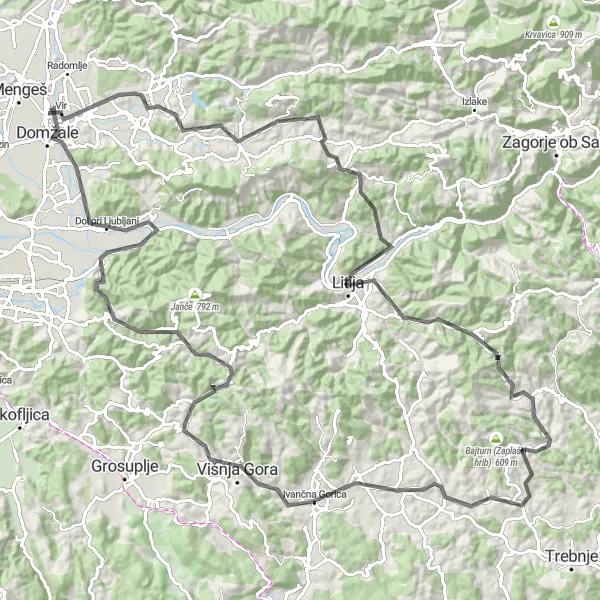 Map miniature of "Adventure on the Road" cycling inspiration in Zahodna Slovenija, Slovenia. Generated by Tarmacs.app cycling route planner