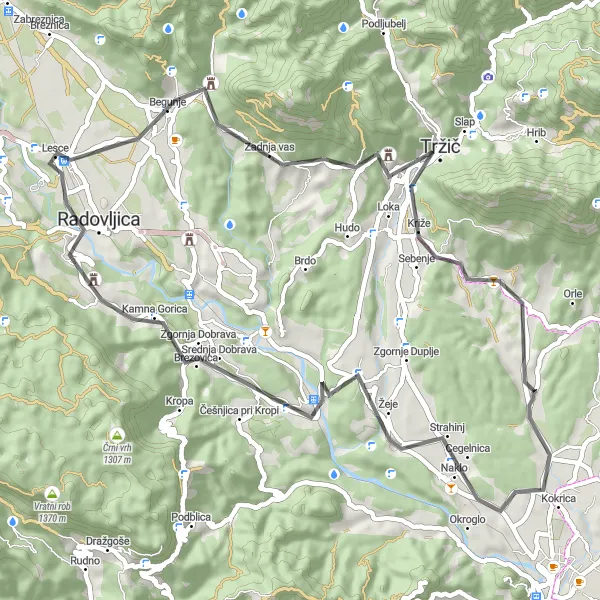 Map miniature of "The Tržič Adventure" cycling inspiration in Zahodna Slovenija, Slovenia. Generated by Tarmacs.app cycling route planner