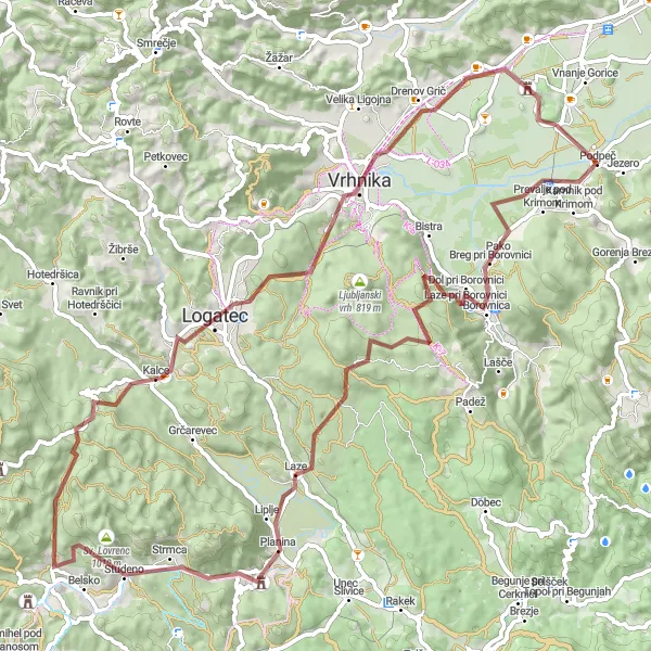 Zemljevid v pomanjšavi "Gorsko kolesarjenje skozi zeleno pokrajino notranjskega gričevja" kolesarske inspiracije v Zahodna Slovenija, Slovenia. Generirano z načrtovalcem kolesarskih poti Tarmacs.app