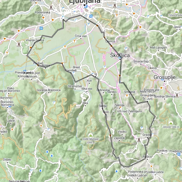 Map miniature of "Gorica - Notranje Gorice Round Trip" cycling inspiration in Zahodna Slovenija, Slovenia. Generated by Tarmacs.app cycling route planner