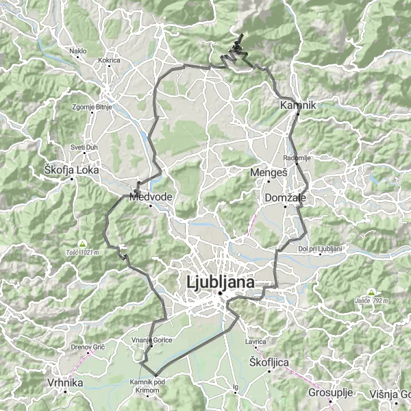 Miniatura mapy "Trasa Road przez Krvavec, Kamnik i Postovkę" - trasy rowerowej w Zahodna Slovenija, Slovenia. Wygenerowane przez planer tras rowerowych Tarmacs.app