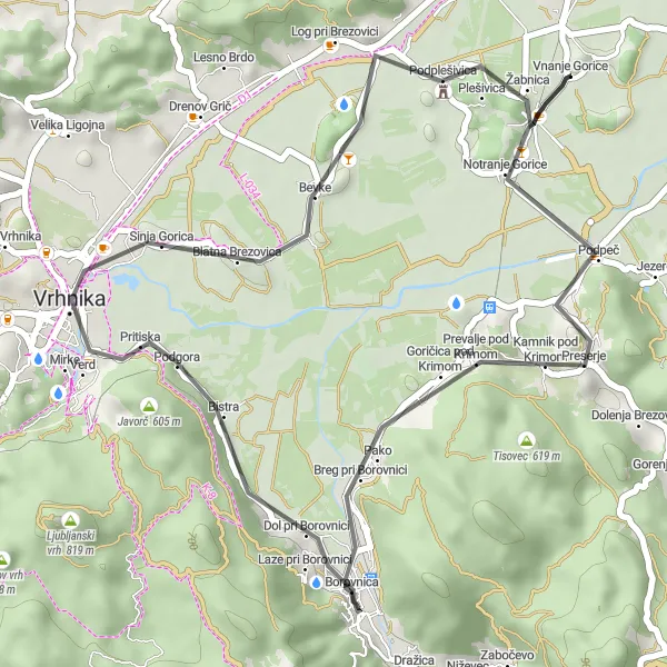 Map miniature of "Krim Kruise" cycling inspiration in Zahodna Slovenija, Slovenia. Generated by Tarmacs.app cycling route planner