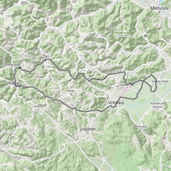 Miniaturní mapa "Road Route from Notranje Gorice" inspirace pro cyklisty v oblasti Zahodna Slovenija, Slovenia. Vytvořeno pomocí plánovače tras Tarmacs.app