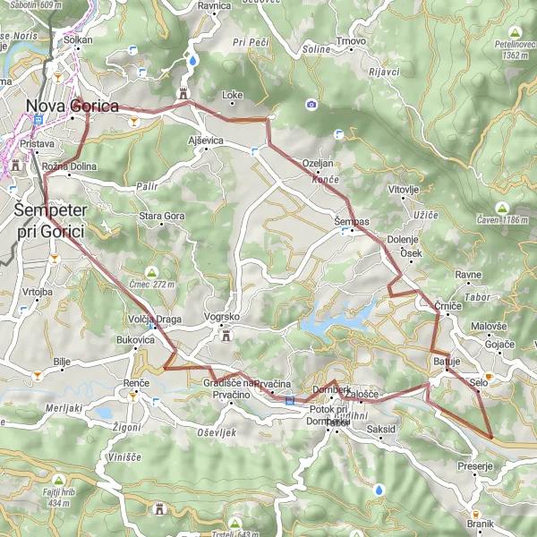 Miniaturní mapa "Krátký gravelový okruh kolem Nové Gorice" inspirace pro cyklisty v oblasti Zahodna Slovenija, Slovenia. Vytvořeno pomocí plánovače tras Tarmacs.app