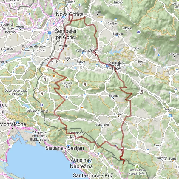 Miniatura della mappa di ispirazione al ciclismo "Avventura Gravel tra Nova Gorica e Rafut" nella regione di Zahodna Slovenija, Slovenia. Generata da Tarmacs.app, pianificatore di rotte ciclistiche