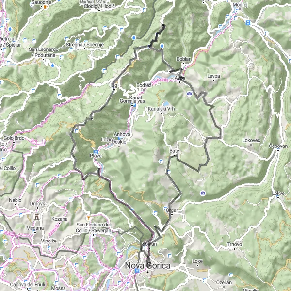 Miniatura della mappa di ispirazione al ciclismo "Avventura sulle alture di Nova Gorica" nella regione di Zahodna Slovenija, Slovenia. Generata da Tarmacs.app, pianificatore di rotte ciclistiche