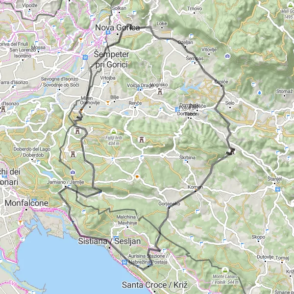 Miniaturní mapa "Výzva kolem Nové Gorice a Devinu" inspirace pro cyklisty v oblasti Zahodna Slovenija, Slovenia. Vytvořeno pomocí plánovače tras Tarmacs.app